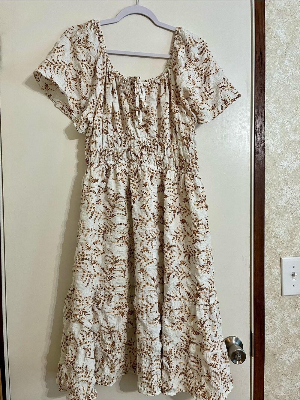 Liberty Love Cream and Brown Floral Smocked Midi Dress